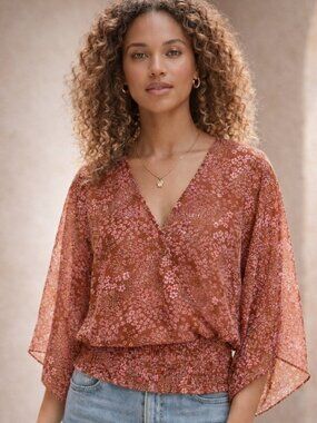 Lulus Promises Kept Floral Smocked V Neck Flutter Sleeve Boho Top S